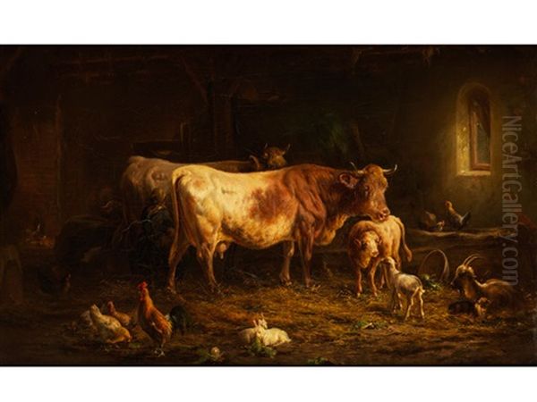 Stallinneres Mit Zwei Kuhen, Schafen, Zicklein, Huhnern Und Kaninchen Oil Painting by Louis (Ludwig) Reinhardt