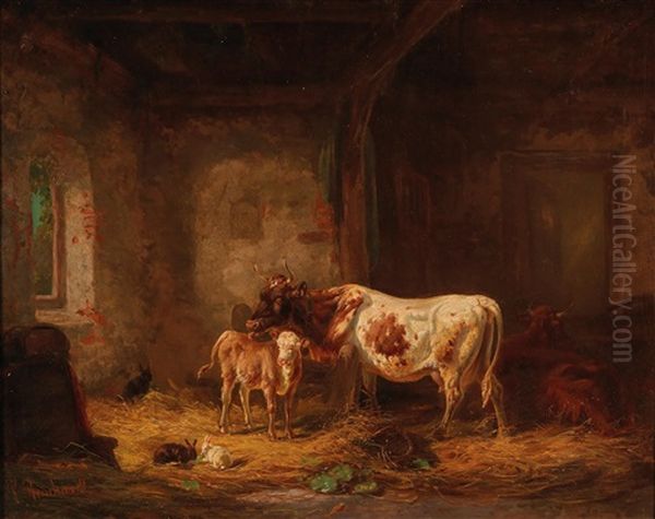 Cows And Rabbits In The Barn Oil Painting by Louis (Ludwig) Reinhardt