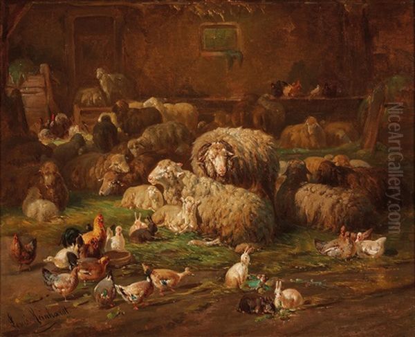 Stable Interior With Sheep Oil Painting by Louis (Ludwig) Reinhardt