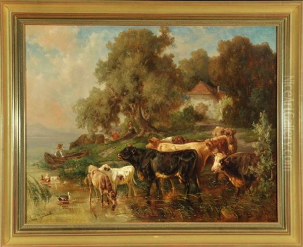 Seeuferszene Mit Kuhen Und Ruderboot Oil Painting by Louis (Ludwig) Reinhardt