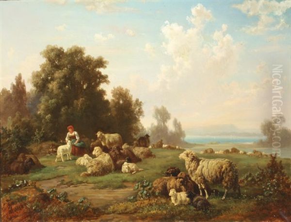 Shepherdess With Sheep Oil Painting by Louis (Ludwig) Reinhardt