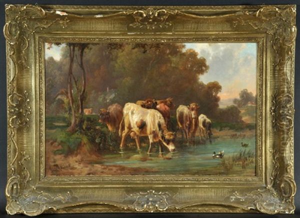 Kuhe An Wasserstelle In Baumlandschaft Oil Painting by Louis (Ludwig) Reinhardt