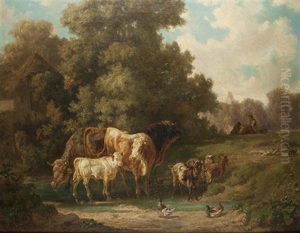 Mit Dem Vieh Am Bach Oil Painting by Louis (Ludwig) Reinhardt