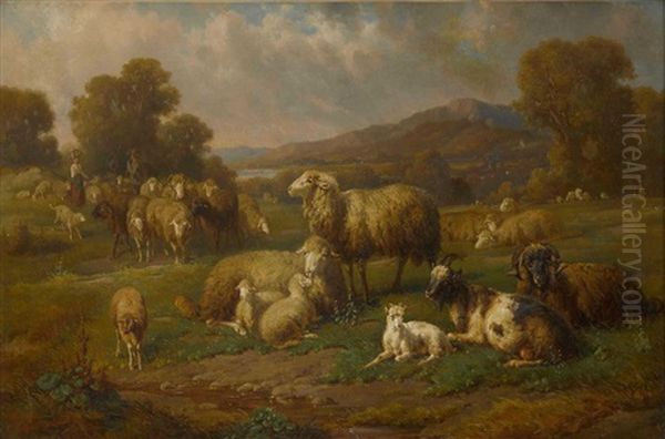 Schafherde In Vorgebirgslandschaft Oil Painting by Louis (Ludwig) Reinhardt