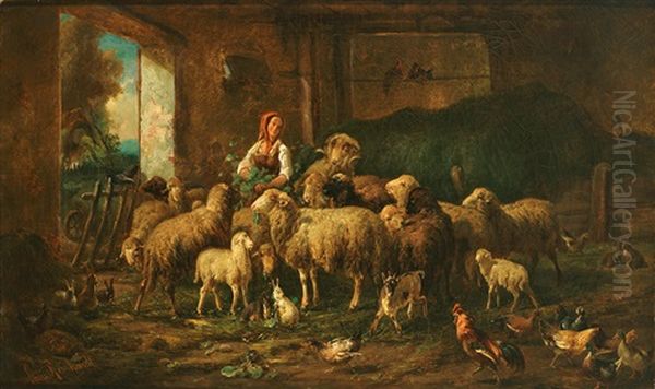 Schafherde Im Stall Mit Federvieh Und Junger Bauerin Oil Painting by Louis (Ludwig) Reinhardt