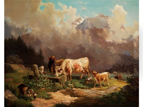 Vieh Im Hochgebirge An Der Tranke Oil Painting by Louis (Ludwig) Reinhardt