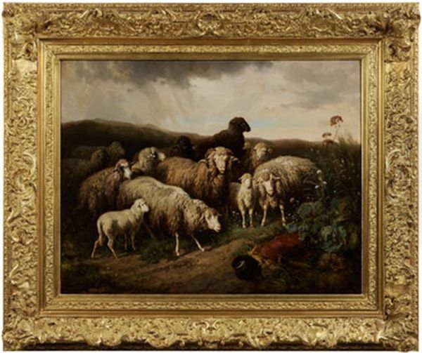 Sheep In A Stormy Landscape Oil Painting by Louis (Ludwig) Reinhardt