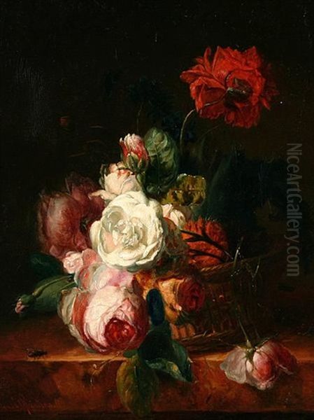 Still Life Of Flowers In A Basket Oil Painting by Louis (Ludwig) Reinhardt