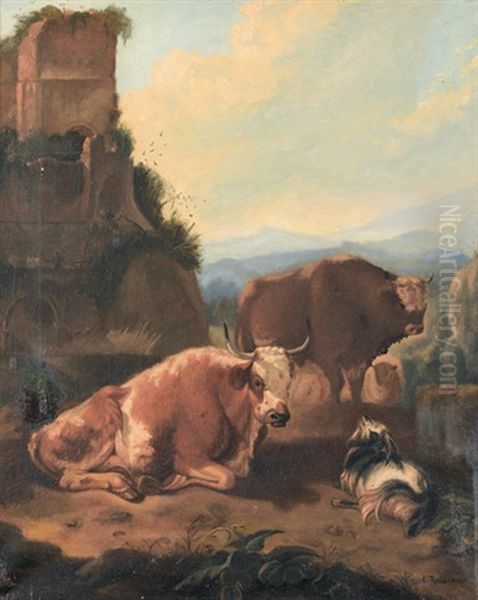 Italienische Landschaft Mit Zwei Kuhen Und Ziege Oil Painting by Louis (Ludwig) Reinhardt