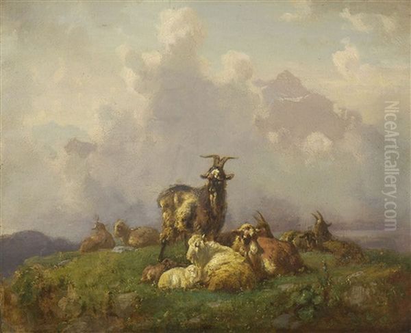 Schafe Und Ziegen Auf Der Weide Oil Painting by Louis (Ludwig) Reinhardt