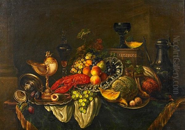 Groses Stillleben Mit Hummer Und Nautilus-pokal Oil Painting by Louis (Ludwig) Reinhardt