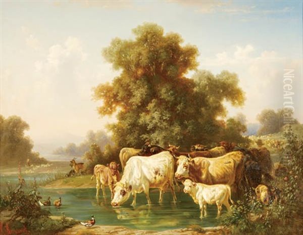 A Farmer Watering Livestock Oil Painting by Louis (Ludwig) Reinhardt