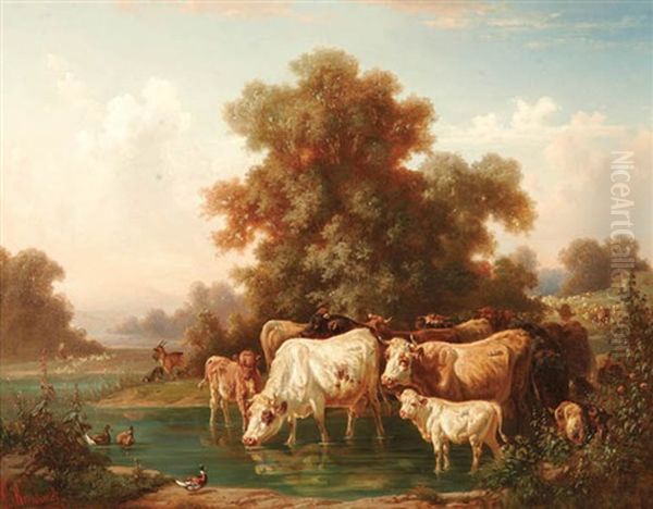 Cattle Watering Oil Painting by Louis (Ludwig) Reinhardt