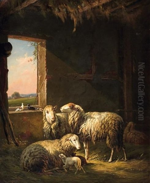 Schafe Im Stall Oil Painting by Louis (Ludwig) Reinhardt