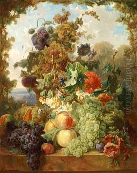 Opstilling Med Frugter Og Blomster Pa En Karm Oil Painting by Louis (Ludwig) Reinhardt