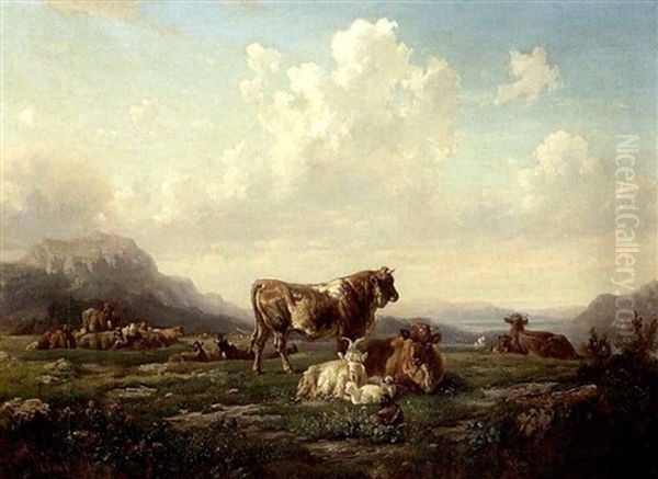 Weidende Viehherde Im Gebirge Oil Painting by Louis (Ludwig) Reinhardt