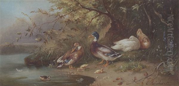 Entenfamilie Am Weiher Oil Painting by Louis (Ludwig) Reinhardt