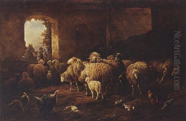 Sheep In A Barn Oil Painting by Louis (Ludwig) Reinhardt