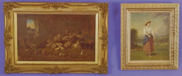 Barn Scene With Sheep, Chickens, Rabbits, Birds, A Man And A Woman Oil Painting by Louis (Ludwig) Reinhardt