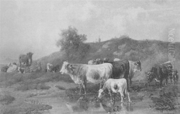 Cattle Watering In A Pasture Oil Painting by Louis (Ludwig) Reinhardt