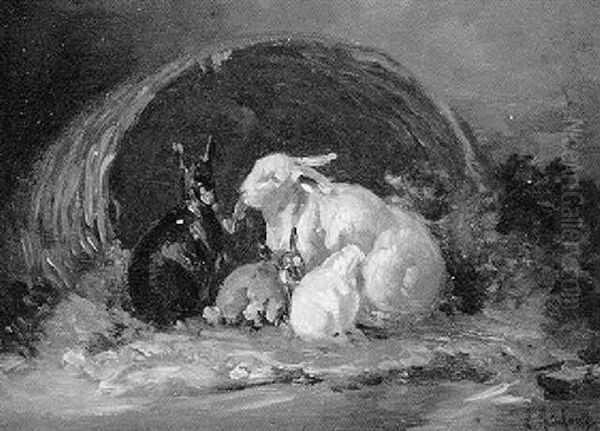 Hasenfamilie Vor Einem Umgesturzten Futterkorb Oil Painting by Louis (Ludwig) Reinhardt