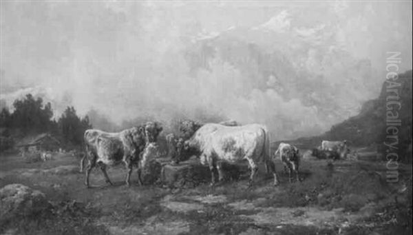 Rinder In Gebirge Oil Painting by Louis (Ludwig) Reinhardt