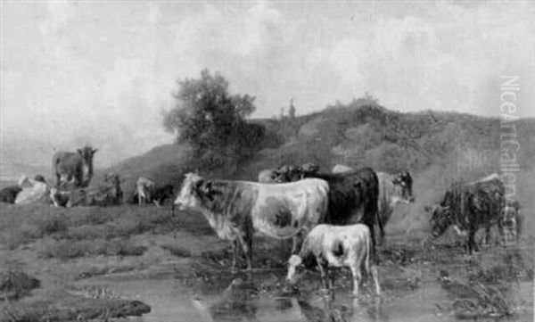 Cattle Watering By A Stream Oil Painting by Louis (Ludwig) Reinhardt