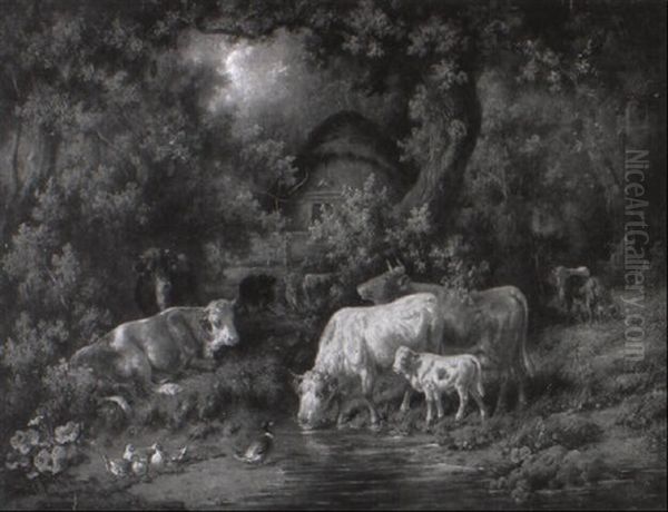 Kuhe Und Enten An Einem Kleinen Wasser Im Wald Oil Painting by Louis (Ludwig) Reinhardt