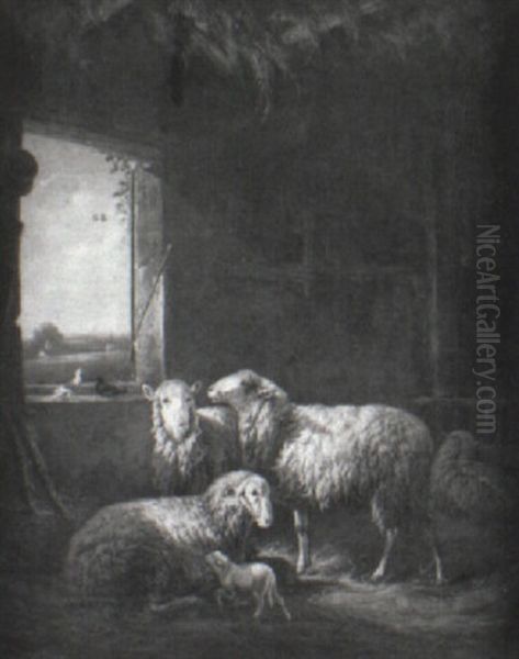 Sheep Resting In A Barn Oil Painting by Louis (Ludwig) Reinhardt