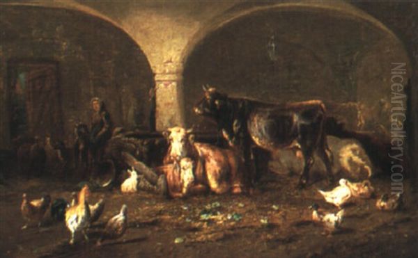 Magd Bei Den Tieren Im Stall Oil Painting by Louis (Ludwig) Reinhardt