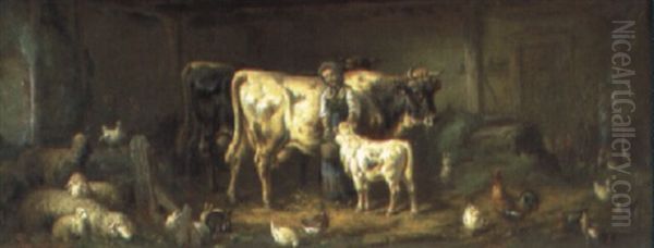 Kuhe Im Stall Oil Painting by Louis (Ludwig) Reinhardt