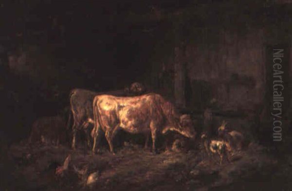 Vieh Im Stall Oil Painting by Louis (Ludwig) Reinhardt