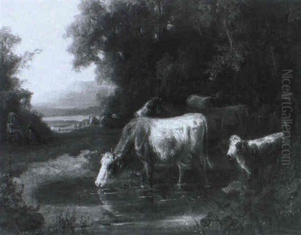 Kuhe An Der Tranke Oil Painting by Louis (Ludwig) Reinhardt