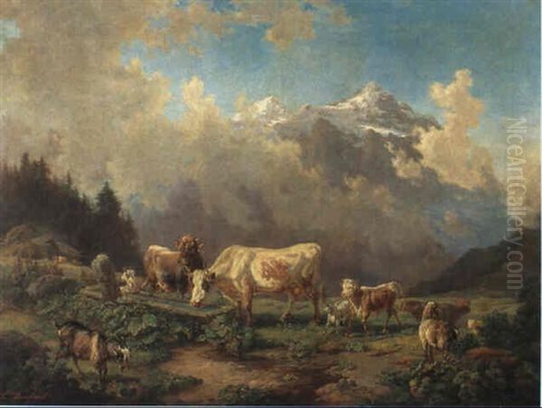 Kuhe, Kalber Und Ziegen An Der Tranke Oil Painting by Louis (Ludwig) Reinhardt