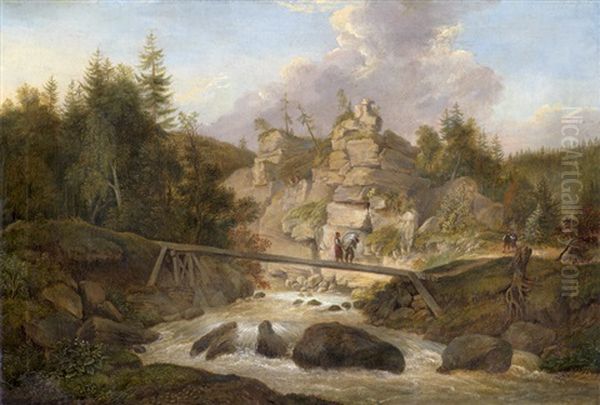 Riesengebirgslandschaft Mit Sandsteinfelsen An Einem Wildwasser Oil Painting by Sebastian Carl Christian Reinhardt