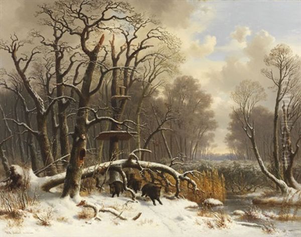 Wildschweinrotte Im Verschneiten Winterwald Oil Painting by Wilhelm Reinhardt