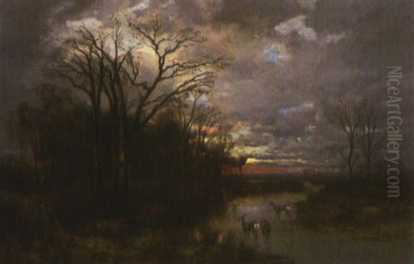 Abendliche Moorlandschaft Mit Rehen An Der Tranke Oil Painting by Wilhelm Reinhardt