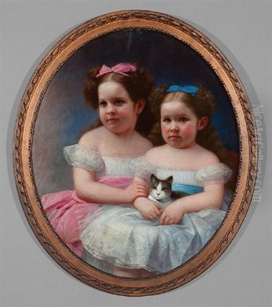 Two Sisters And A Cat Oil Painting by Benjamin Franklin Reinhart