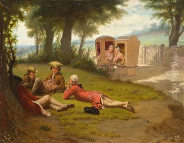 Gossip Of Ye Olden Time, Groups Of Men And Women Conversing In A Landscape Oil Painting by Benjamin Franklin Reinhart