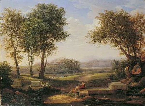 Klassische Landschaft Mit Zwei Ruhenden, Antik Gekleideten Mannern Oil Painting by Johann Christian Reinhart