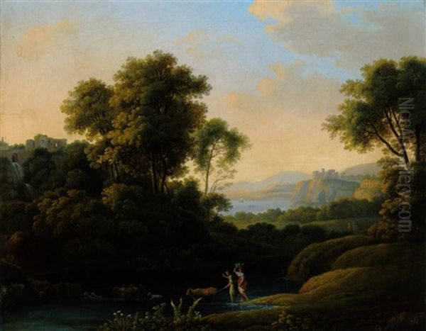 Klassische Landschaft Mit Zwei Hirtinnen Mit Herde An Einer Furt Oil Painting by Johann Christian Reinhart