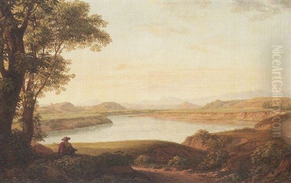 Italian River Landscape At Dusk, With A Huntsman Resting Oil Painting by Johann Christian Reinhart