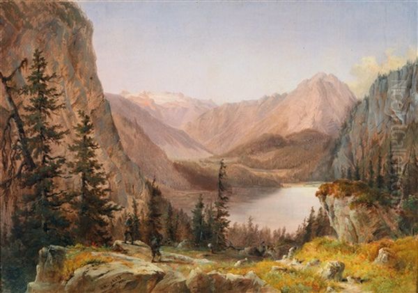 View From The Trisslwand Over The Altausseer See Towards Sarstein And Dachstein Oil Painting by Carl Reinhold