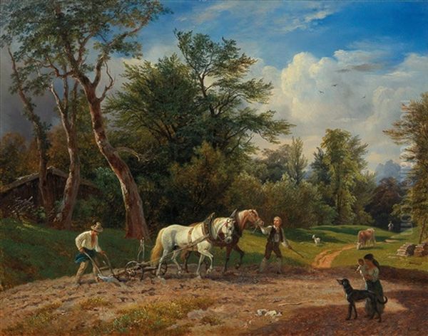 A Country Idyll With Peasants Ploughing Oil Painting by Franz Reinhold