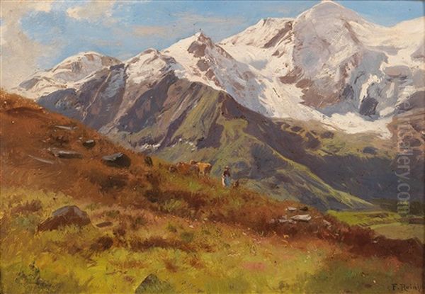 Herdswoman On The Alpine Pastures In Front Of A Snow-capped Mountain Oil Painting by Franz Reinhold