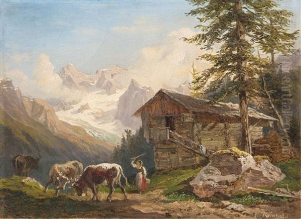 Almhutte Mit Sennerin Und Kuhen Oil Painting by Franz Reinhold