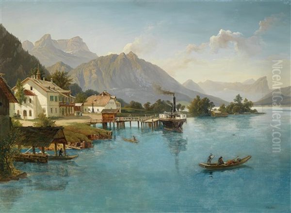 Burgau Am Attersee Gegen Den Schafberg Oil Painting by Franz Reinhold