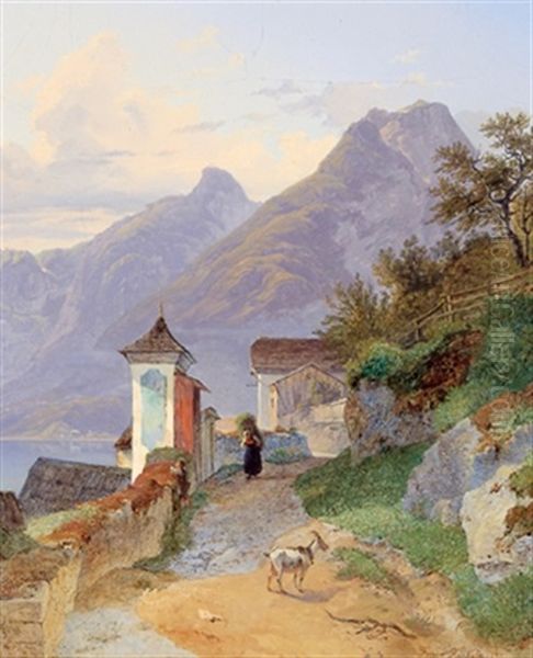 Idylle Am Mondsee, Im Hintergrund Die Drachenwand Oil Painting by Franz Reinhold