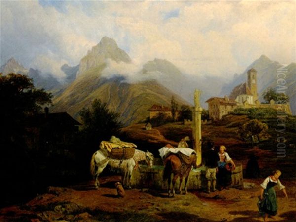 Sudtiroler Berglandschaft Mit Personen Und Maultieren An Einem Brunnen Oil Painting by Franz Reinhold