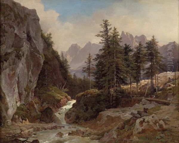 Kleiner Wasserfall Mit Blick Auf Hochgebirge Oil Painting by Franz Reinhold